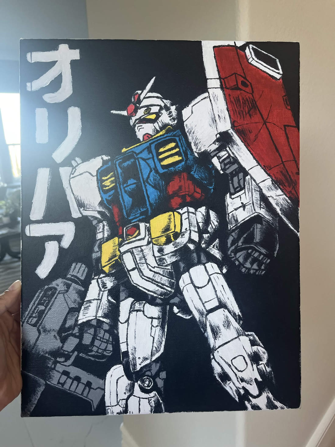 A hand-painted Gundam illustration in black, white, red, blue, and yellow